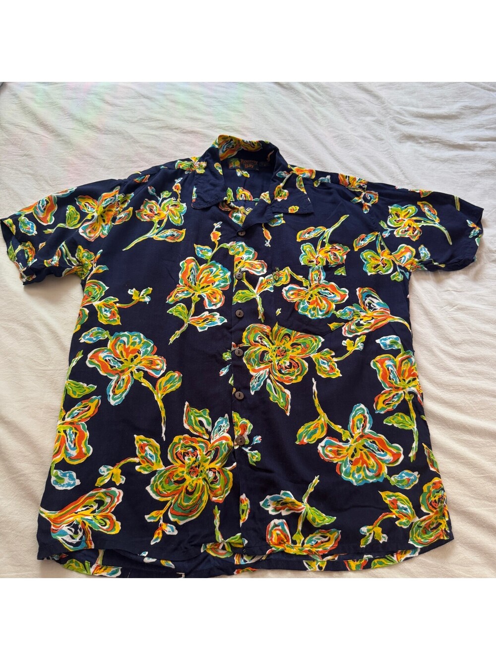 Vintage Roundy Bay Hawaiian Shirt Men's M Navy Floral 100% Rayon Aloha